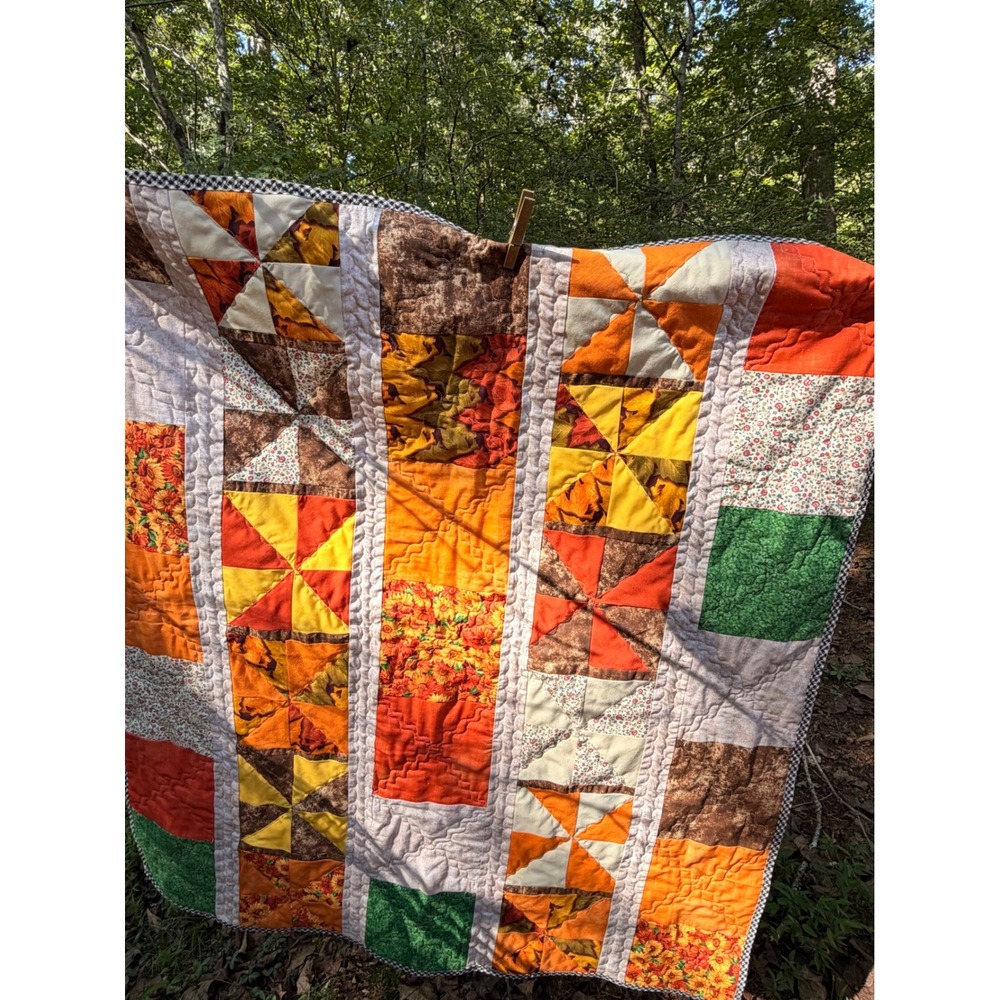 Handmade Fall Throw Quilt Scrappy Pinwheel Patchwork Autumn Cotton Blend 40x37